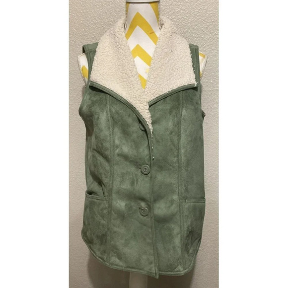 Denim & Company‎ Faux Suede Sherpa Vest Olive Green Size Small NEW - Picture 1 of 6